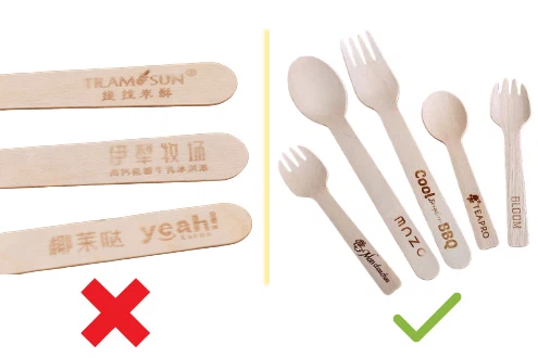 Side-by-side comparison: inconsistent cutlery vs jiaxun uniform branded disposable wooden forks with crisp logo Side-by-side comparison: inconsistent cutlery vs jiaxun uniform branded disposable wooden forks with crisp logo